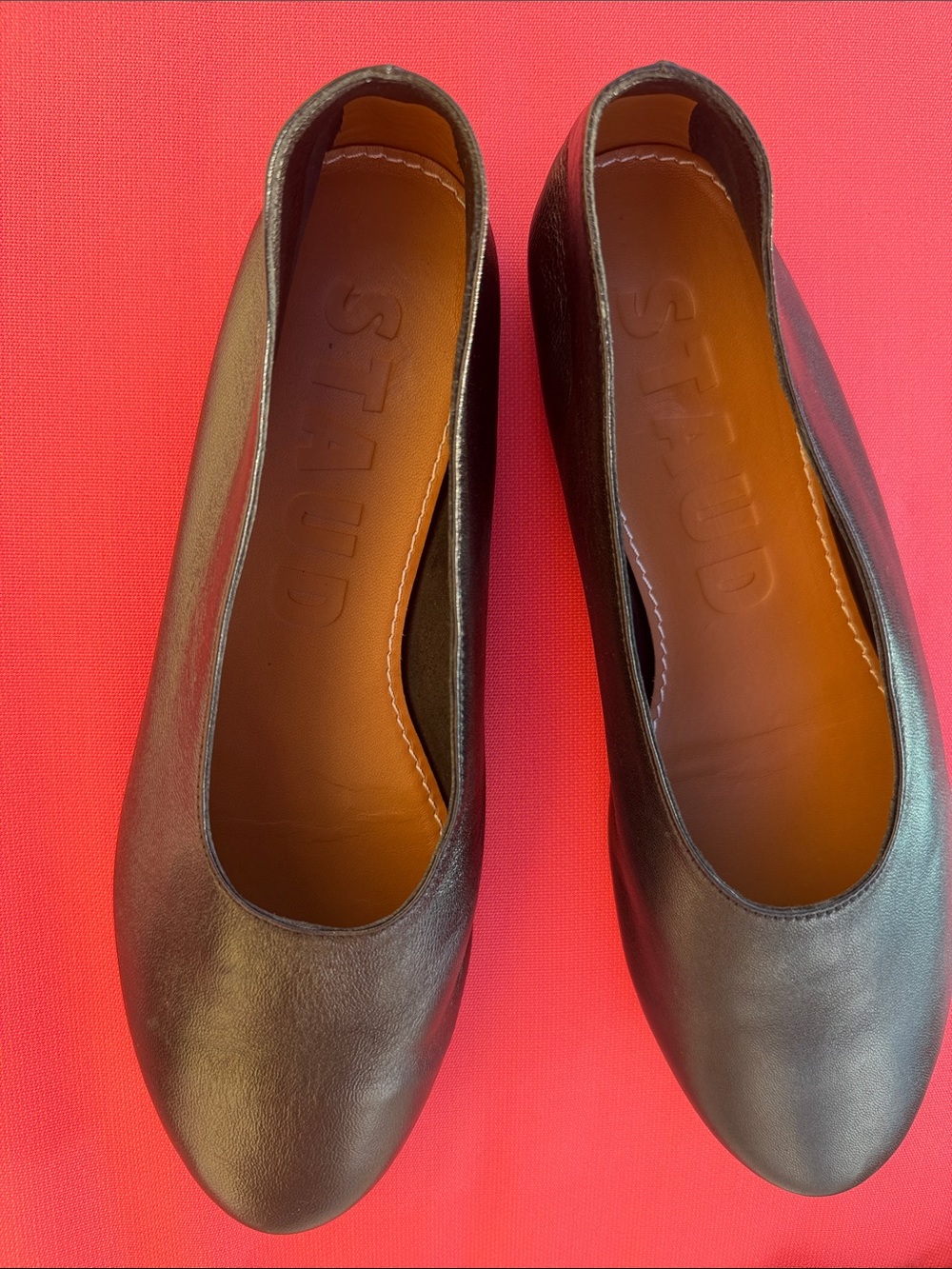 STAUD Black Leather Rounded-Toe Ballet Flats